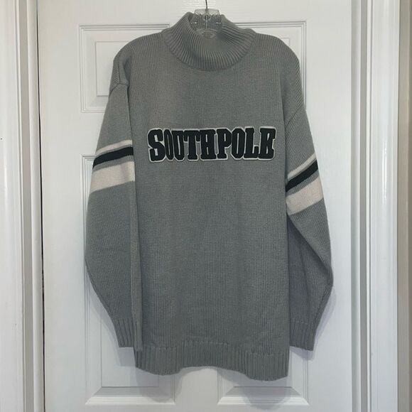 South Pole Gray Varsity Appliqué Logo Mock Neck Sweater - Picture 1 of 6